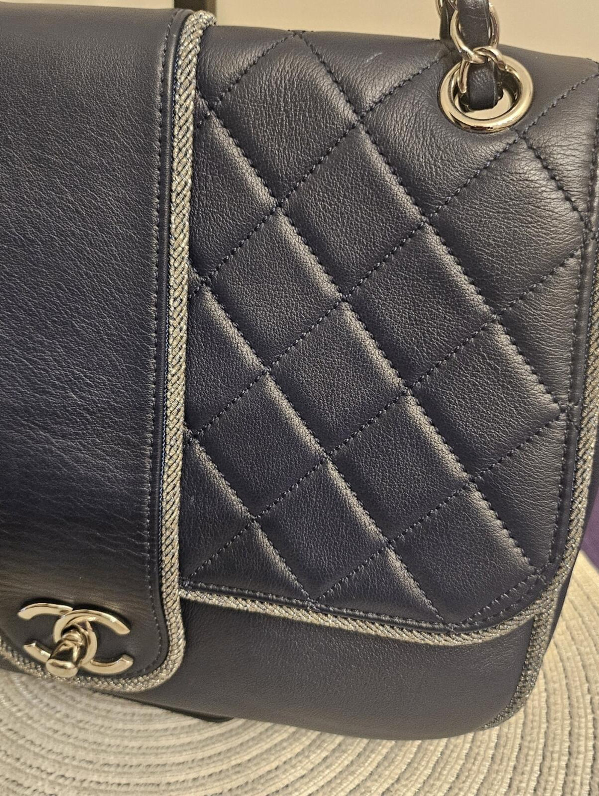 Chanel Navy Quilted Lambskin Flap Bag Silver Braided Trim Ruthenium Chain