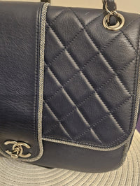 Chanel Navy Quilted Lambskin Flap Bag Silver Braided Trim Ruthenium Chain