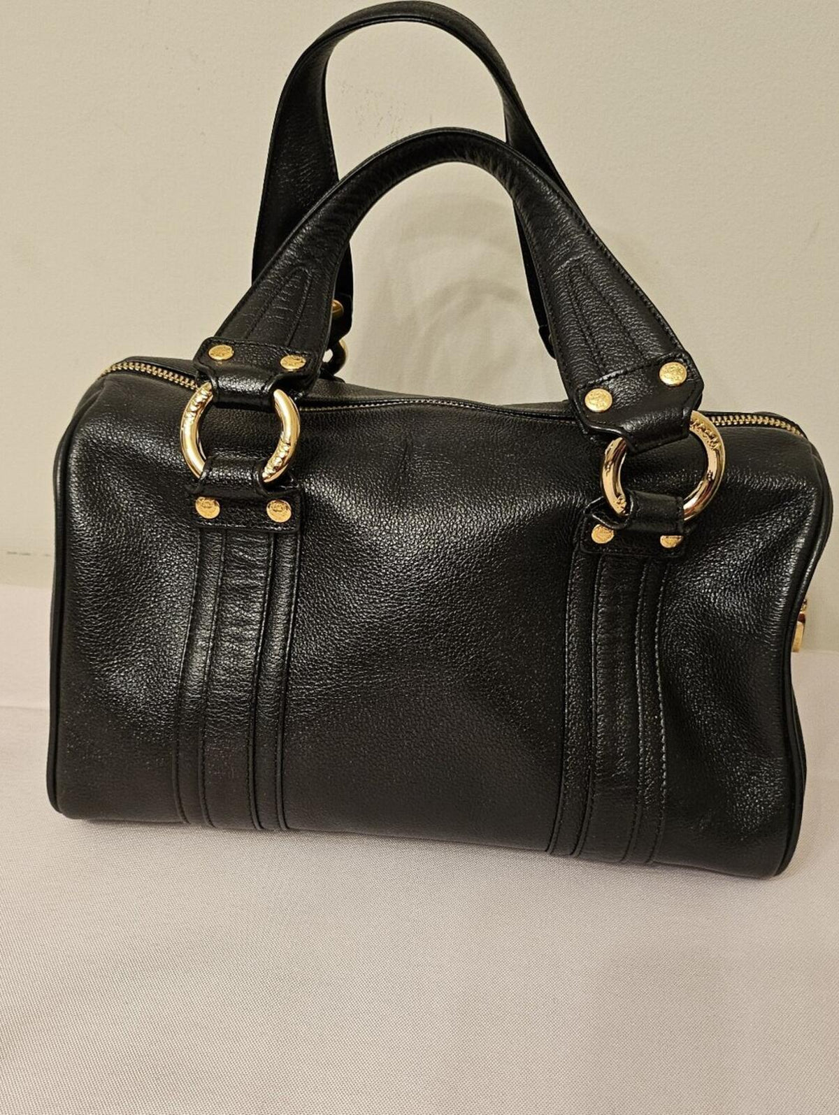 MCM Black Pebbled Leather Boston Bowler Satchel – Gold Hardware