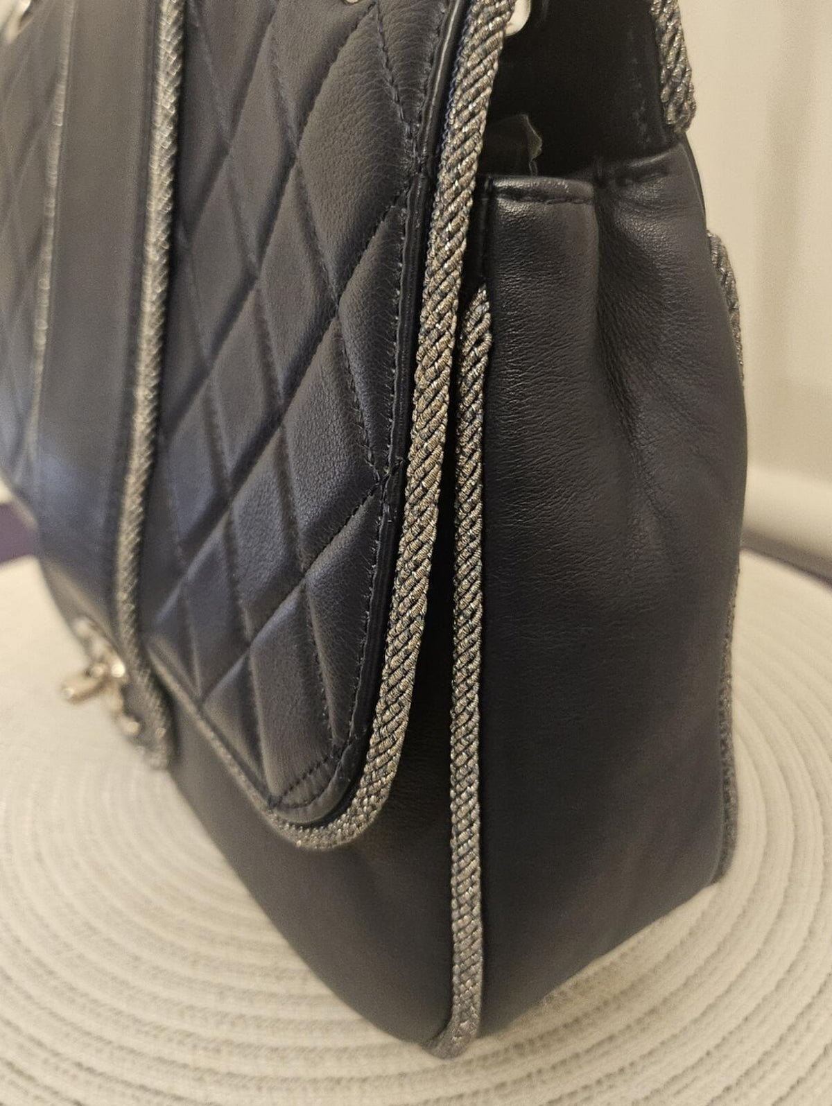 Chanel Navy Quilted Lambskin Flap Bag Silver Braided Trim Ruthenium Chain