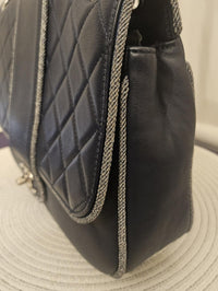 Chanel Navy Quilted Lambskin Flap Bag Silver Braided Trim Ruthenium Chain