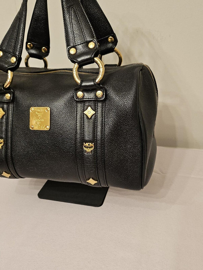 MCM Black Pebbled Leather Boston Bowler Satchel – Gold Hardware