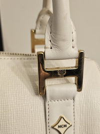 MCM White Leather Boston Satchel Bag Gold Hardware Crossbody Strap