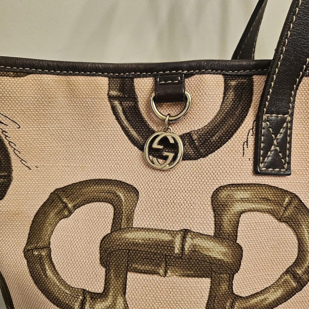 Gucci Horsebit Canvas Tote Large Brown Leather Trim