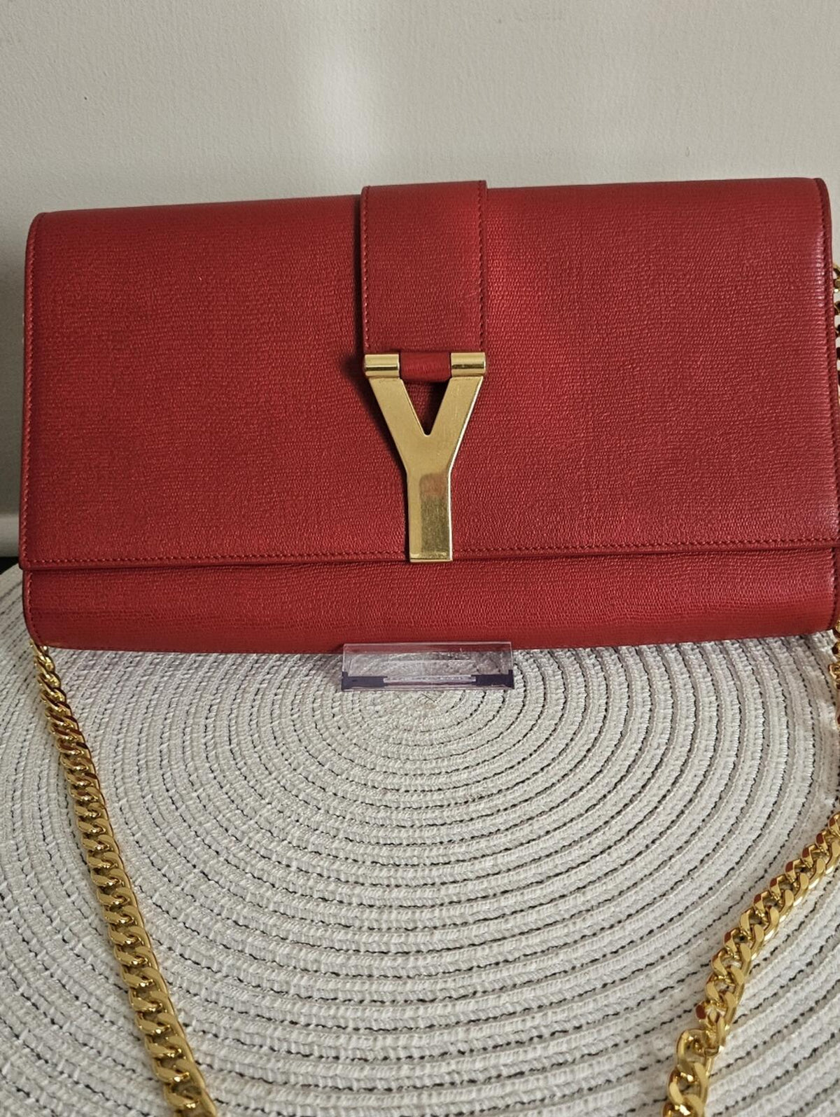 Saint Laurent Y Clutch in Red Pebbled Calfskin Leather with Gold Hardware