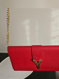 Saint Laurent Y Clutch in Red Pebbled Calfskin Leather with Gold Hardware