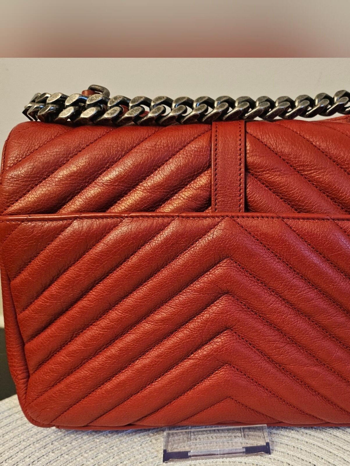 YSL Saint Laurent College Medium Red Chevron Leather Bag