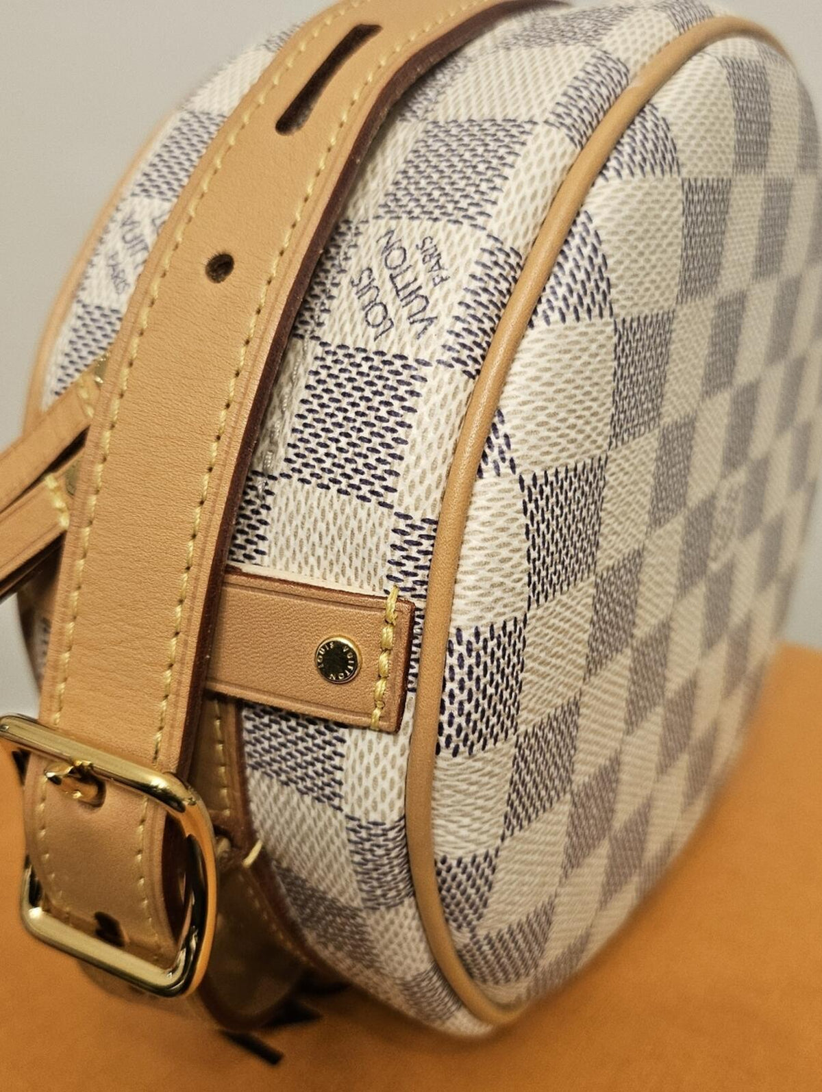 Louis Vuitton Boite Chapeau Souple PM Crossbody Bag in the beautiful Damier Azur