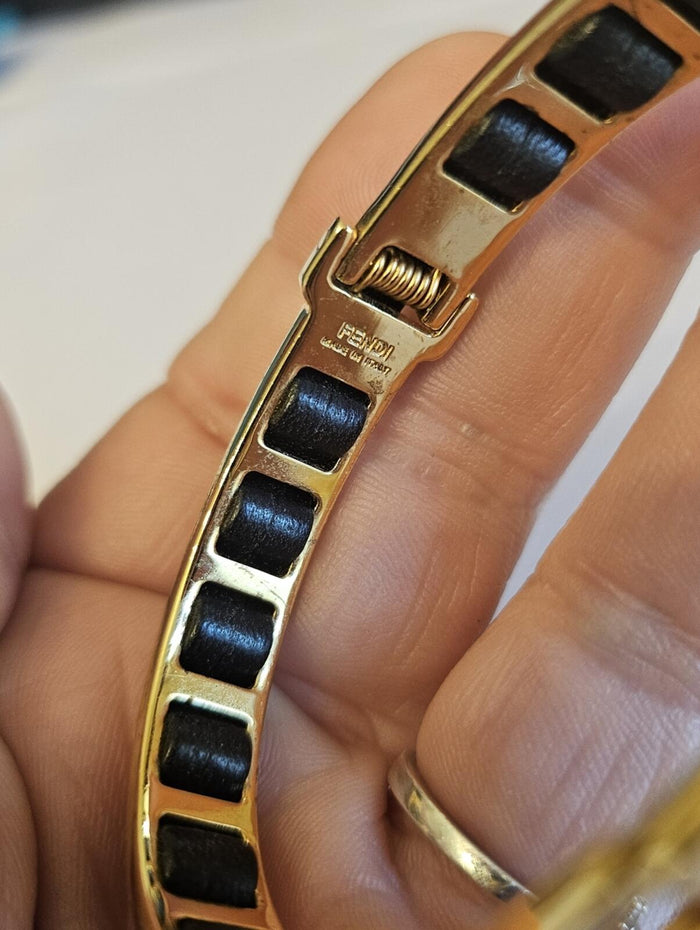 Fendi Gold Tone Black Leather FF Logo Hinged Bangle Bracelet w/ Box
