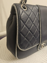 Chanel Navy Quilted Lambskin Flap Bag Silver Braided Trim Ruthenium Chain