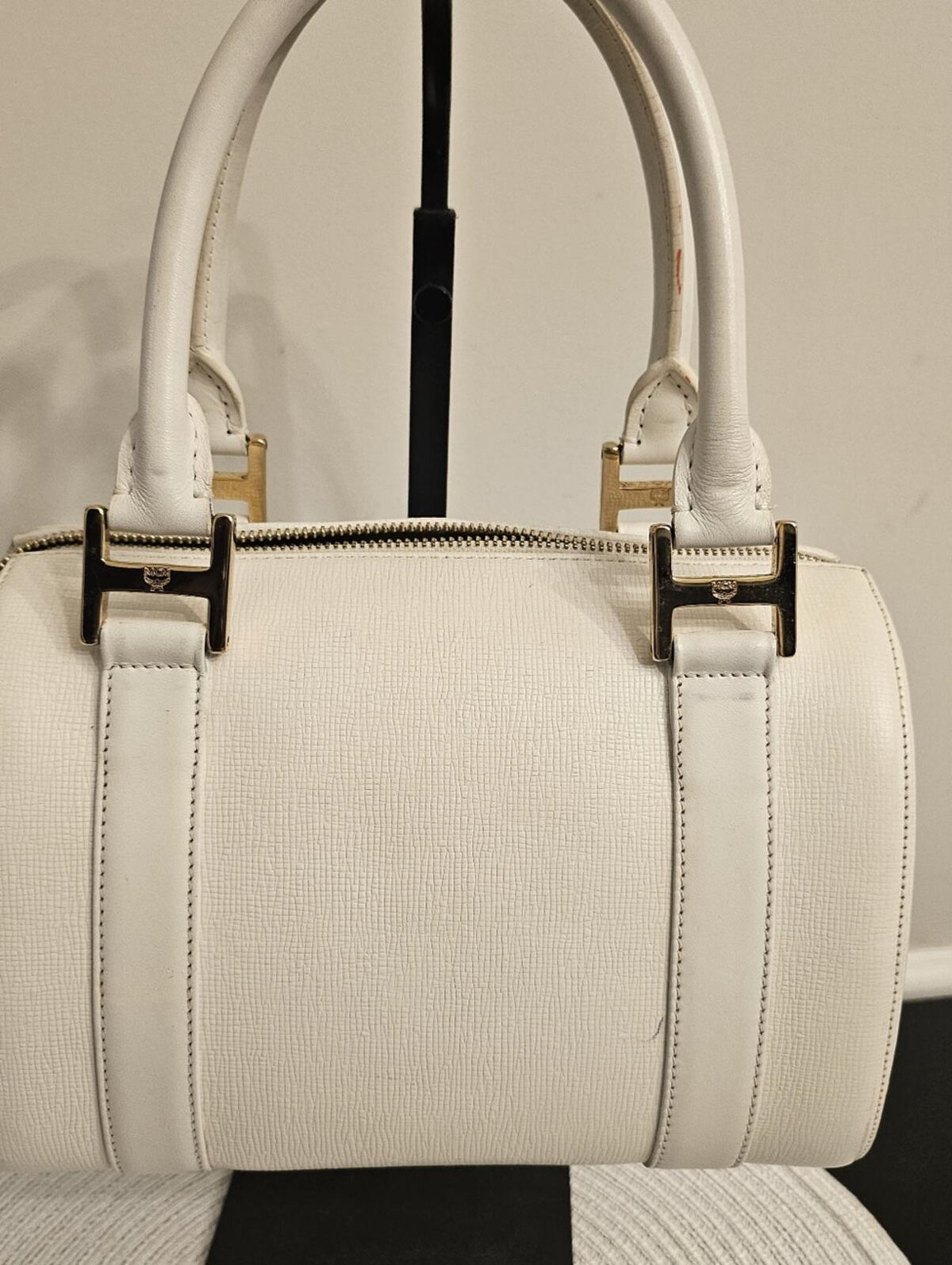 MCM White Leather Boston Satchel Bag Gold Hardware Crossbody Strap