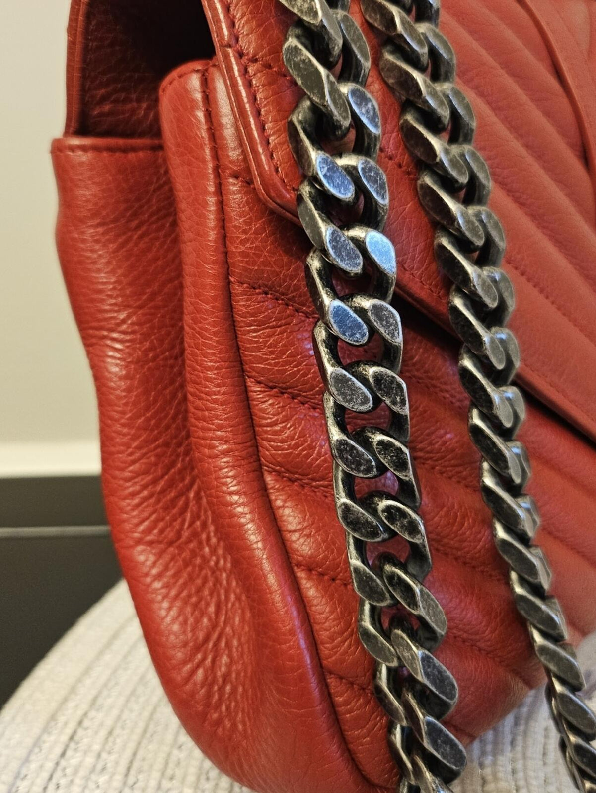 YSL Saint Laurent College Medium Red Chevron Leather Bag