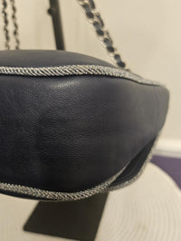Chanel Navy Quilted Lambskin Flap Bag Silver Braided Trim Ruthenium Chain