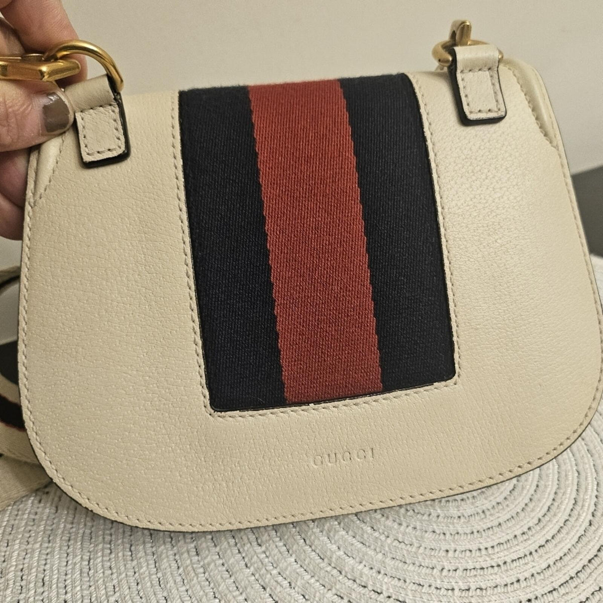 Gucci Butterfly Mini Shoulder Bag – Web Stripe, Cream Leather (Style 505383)