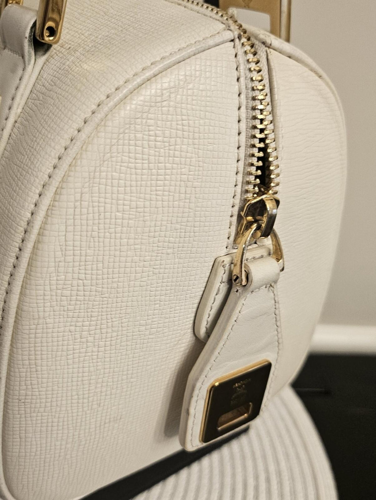 MCM White Leather Boston Satchel Bag Gold Hardware Crossbody Strap
