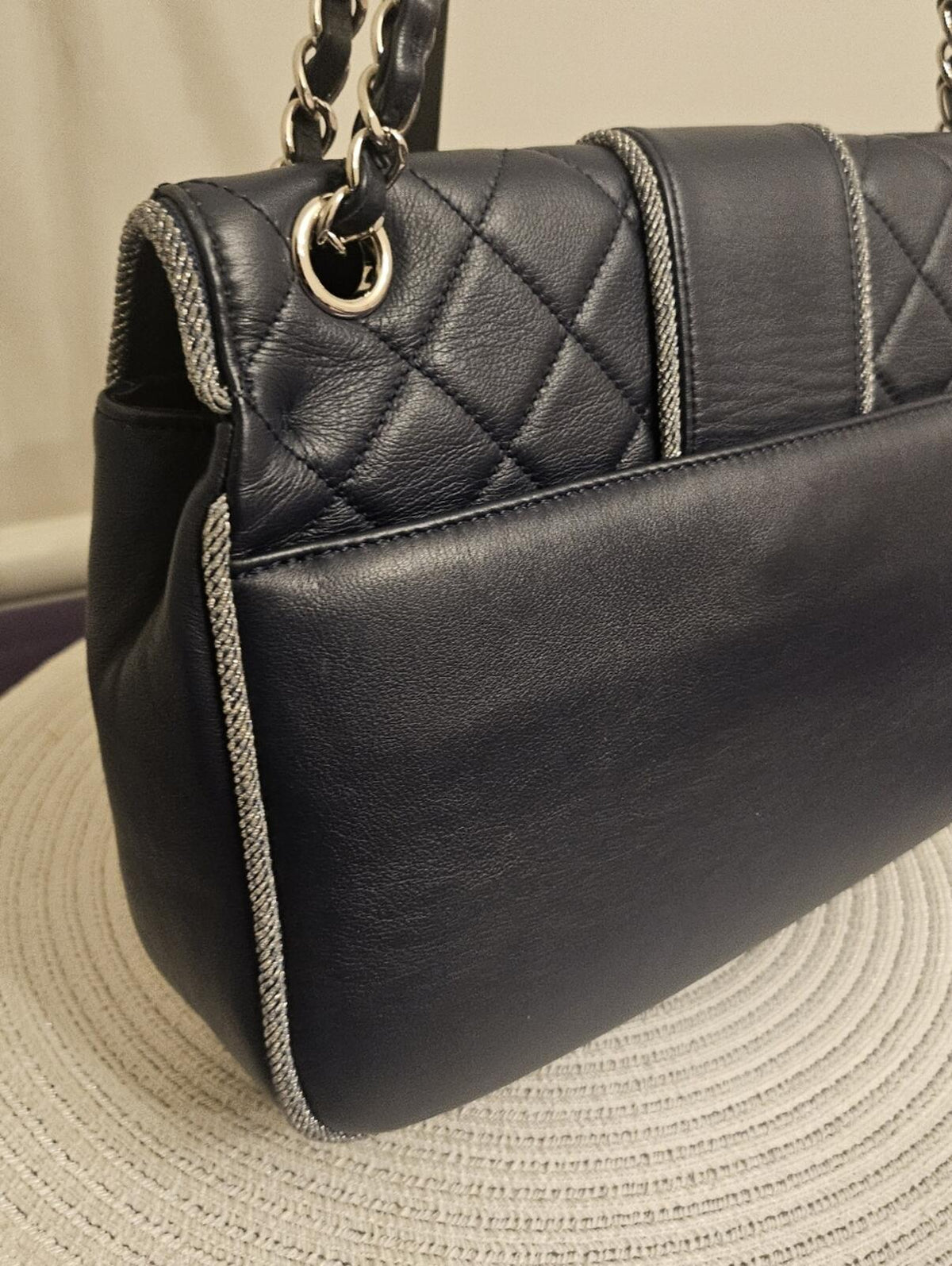Chanel Navy Quilted Lambskin Flap Bag Silver Braided Trim Ruthenium Chain