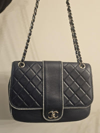 Chanel Navy Quilted Lambskin Flap Bag Silver Braided Trim Ruthenium Chain