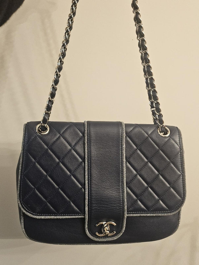 Chanel Navy Quilted Lambskin Flap Bag Silver Braided Trim Ruthenium Chain