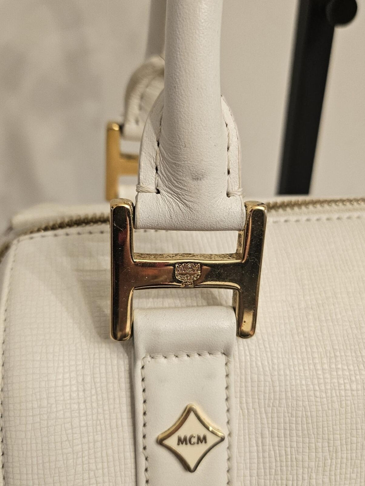 MCM White Leather Boston Satchel Bag Gold Hardware Crossbody Strap