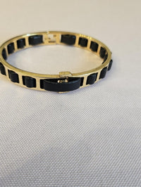 Fendi Gold Tone Black Leather FF Logo Hinged Bangle Bracelet w/ Box