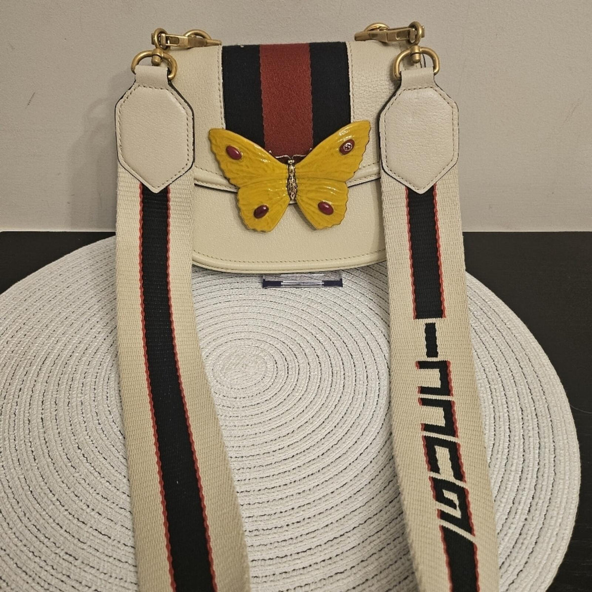 Gucci Butterfly Mini Shoulder Bag – Web Stripe, Cream Leather (Style 505383)