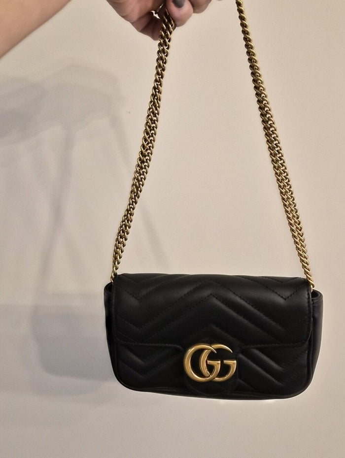 🖤 Gucci GG Marmont Super Mini Chain Crossbody Bag Black Chevron Leather