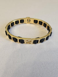 Fendi Gold Tone Black Leather FF Logo Hinged Bangle Bracelet w/ Box