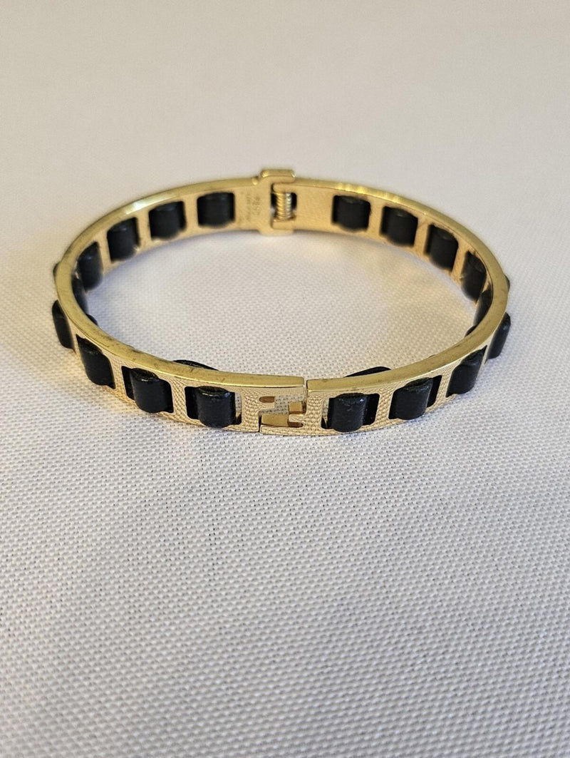 Fendi Gold Tone Black Leather FF Logo Hinged Bangle Bracelet w/ Box
