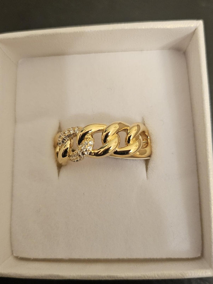 14K Gold Filled Chunky Chain Link Ring w/ CZ Accents Size 9