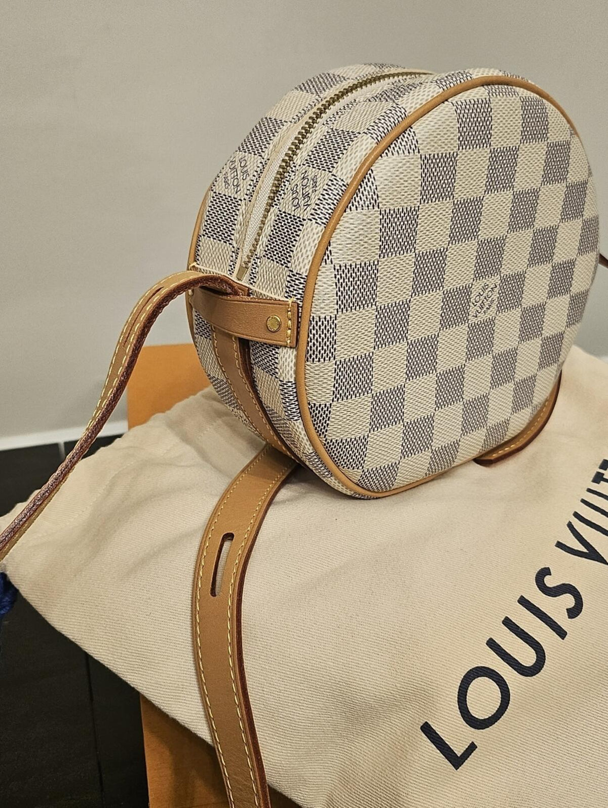 Louis Vuitton Boite Chapeau Souple PM Crossbody Bag in the beautiful Damier Azur