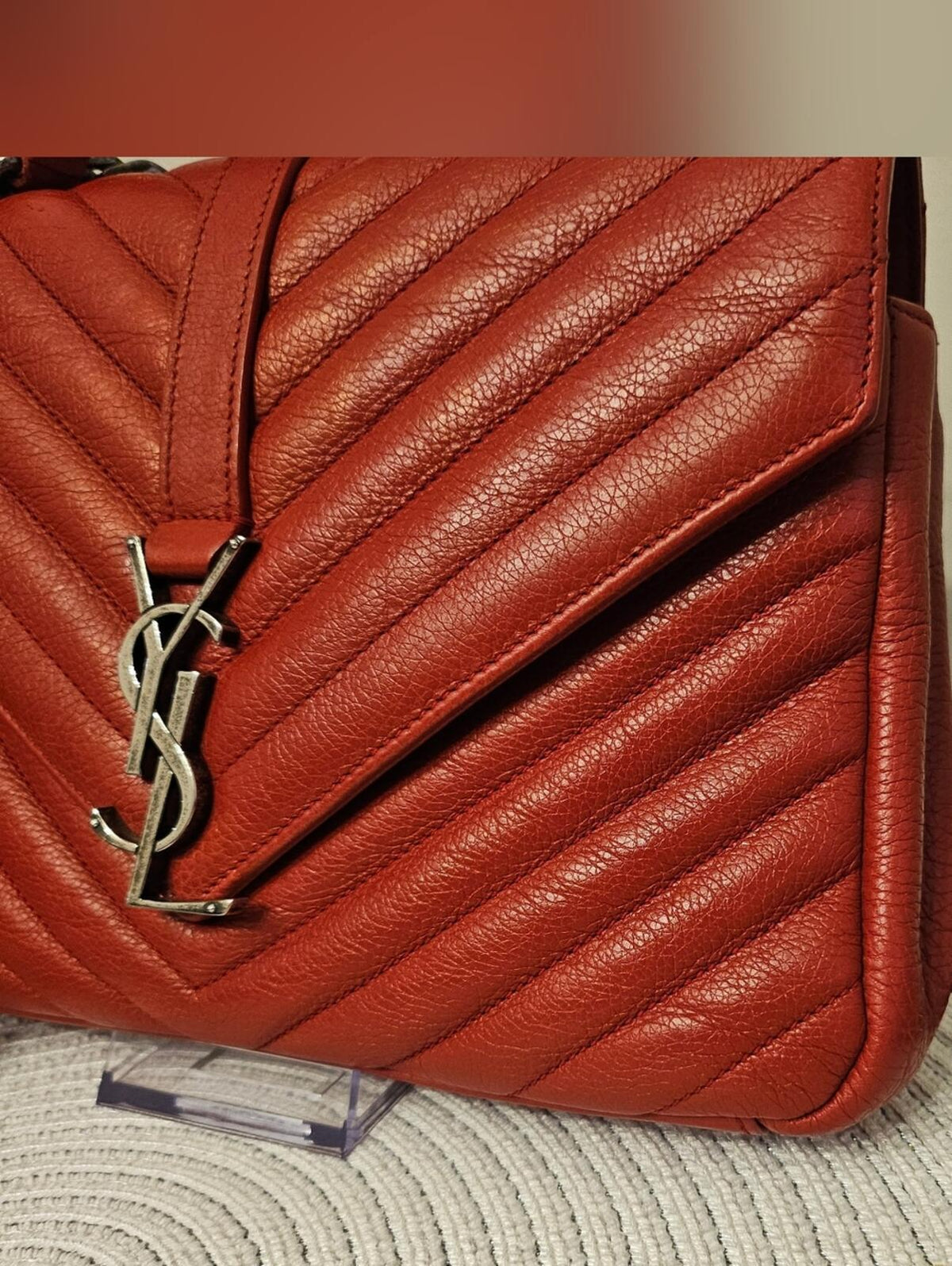 YSL Saint Laurent College Medium Red Chevron Leather Bag