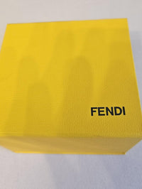 Fendi Gold Tone Black Leather FF Logo Hinged Bangle Bracelet w/ Box