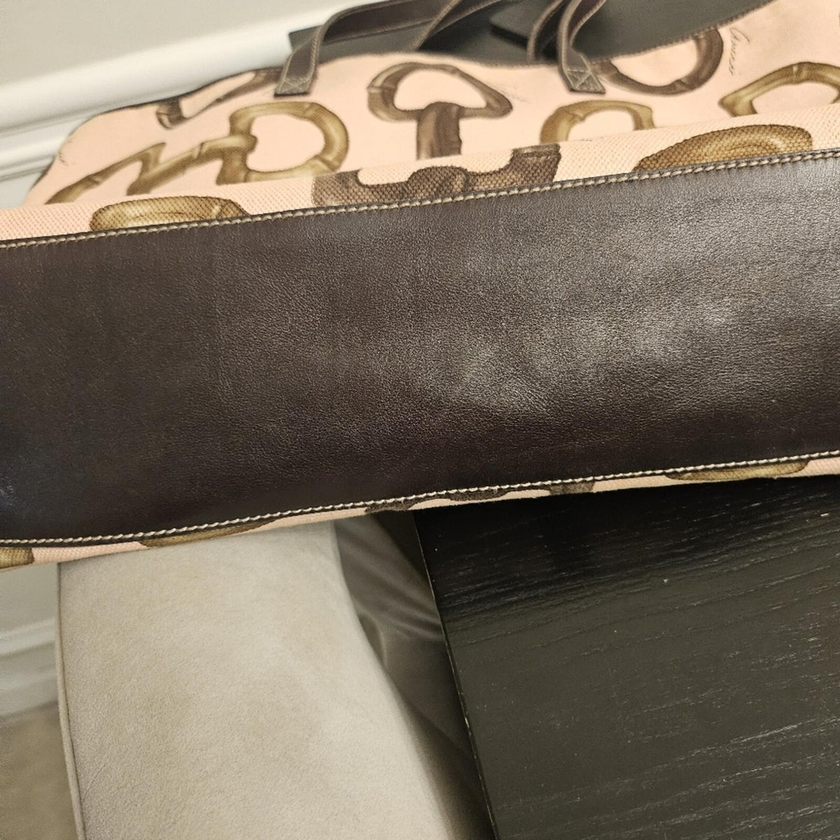 Gucci Horsebit Canvas Tote Large Brown Leather Trim