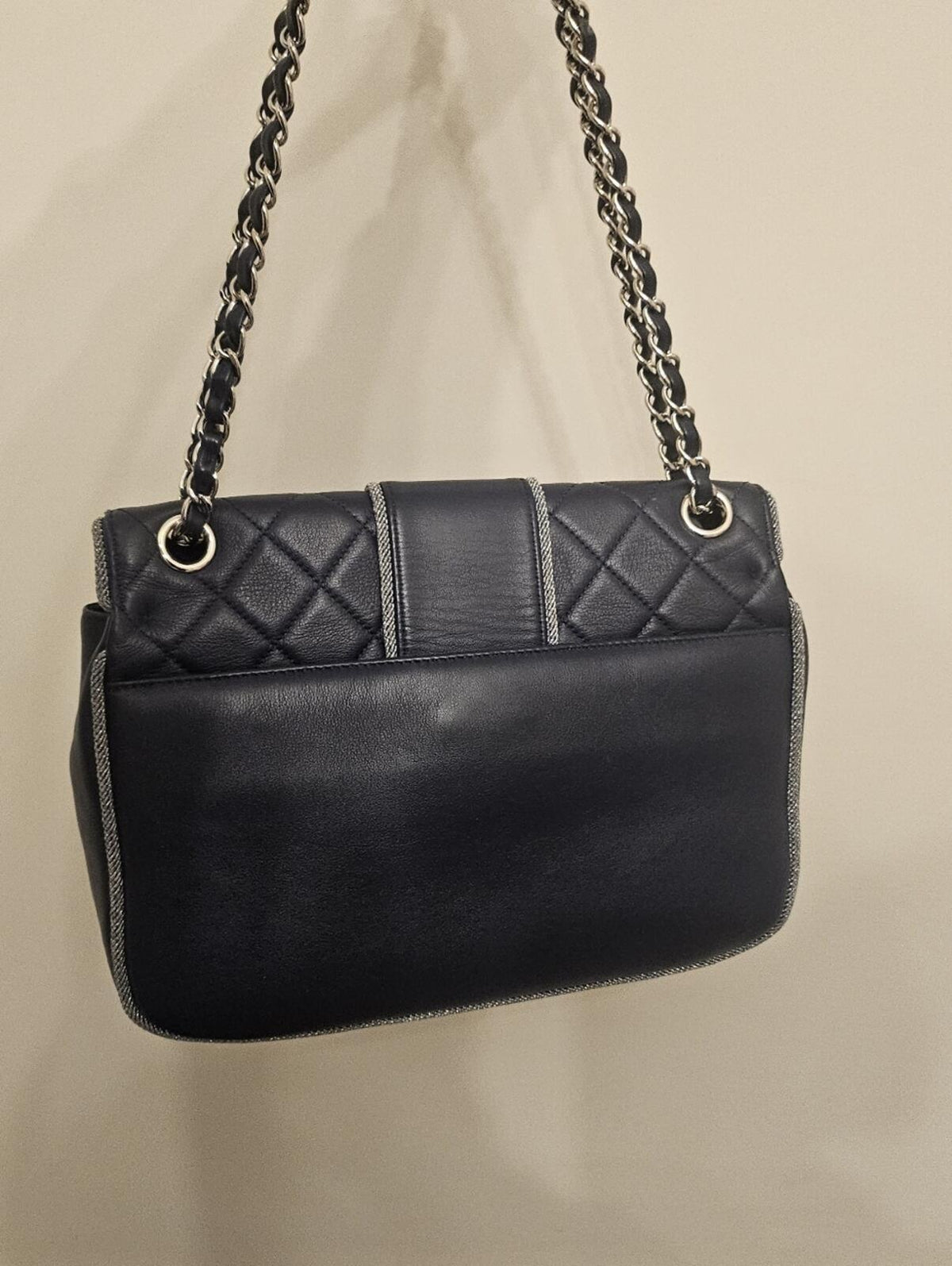 Chanel Navy Quilted Lambskin Flap Bag Silver Braided Trim Ruthenium Chain