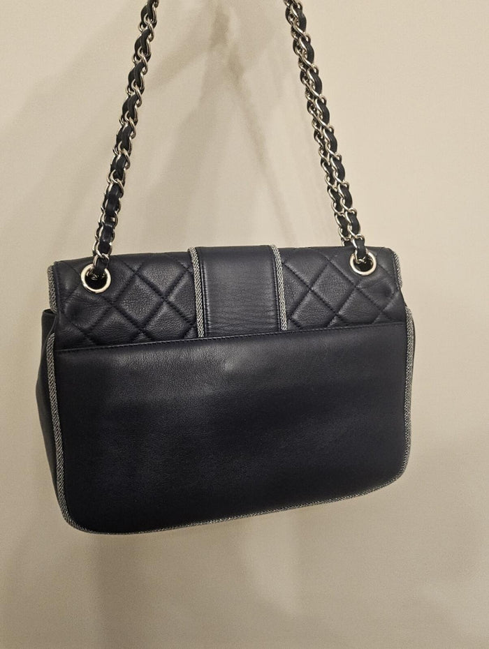 Chanel Navy Quilted Lambskin Flap Bag Silver Braided Trim Ruthenium Chain