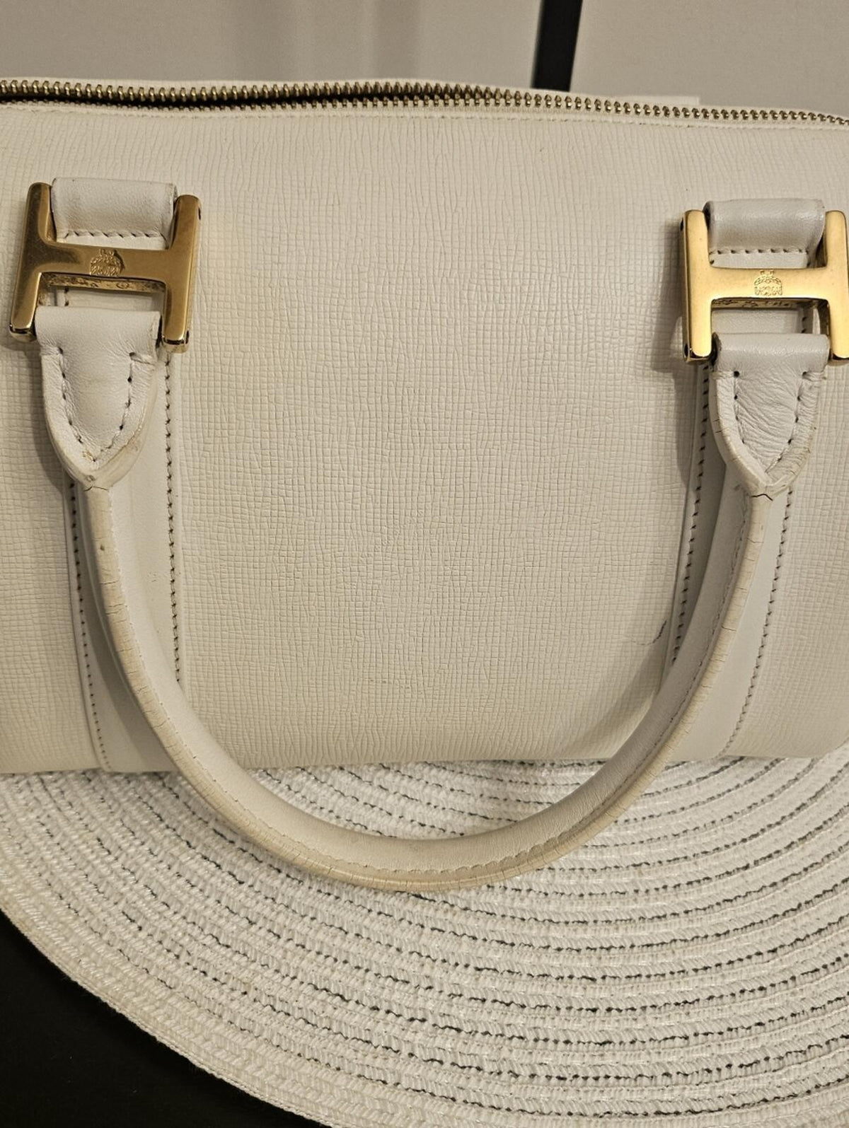 MCM White Leather Boston Satchel Bag Gold Hardware Crossbody Strap
