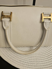 MCM White Leather Boston Satchel Bag Gold Hardware Crossbody Strap