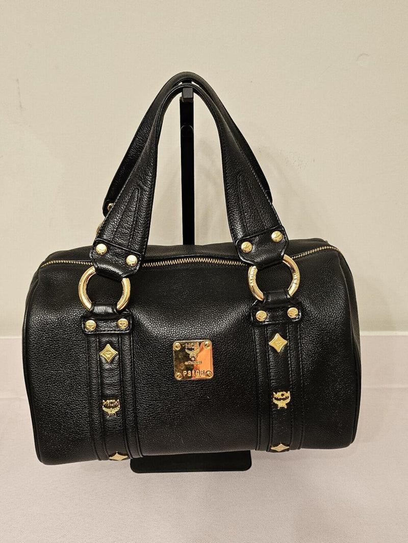 MCM Black Pebbled Leather Boston Bowler Satchel – Gold Hardware