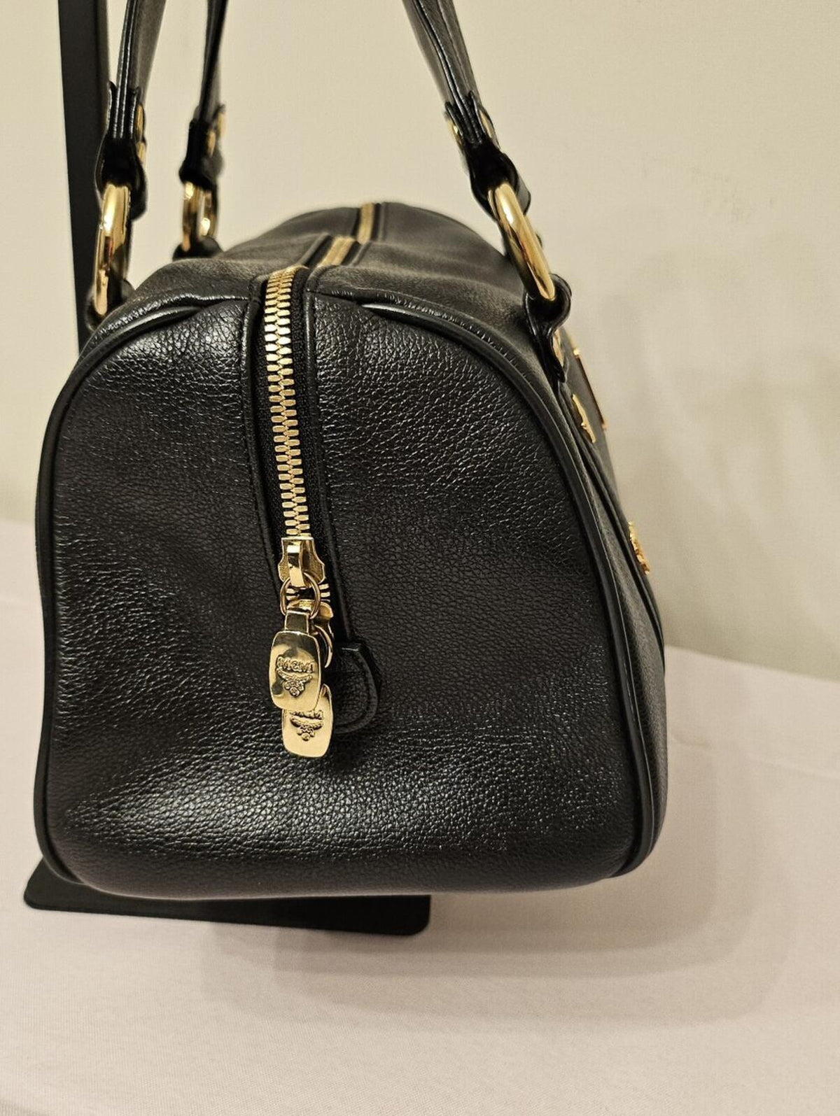 MCM Black Pebbled Leather Boston Bowler Satchel – Gold Hardware