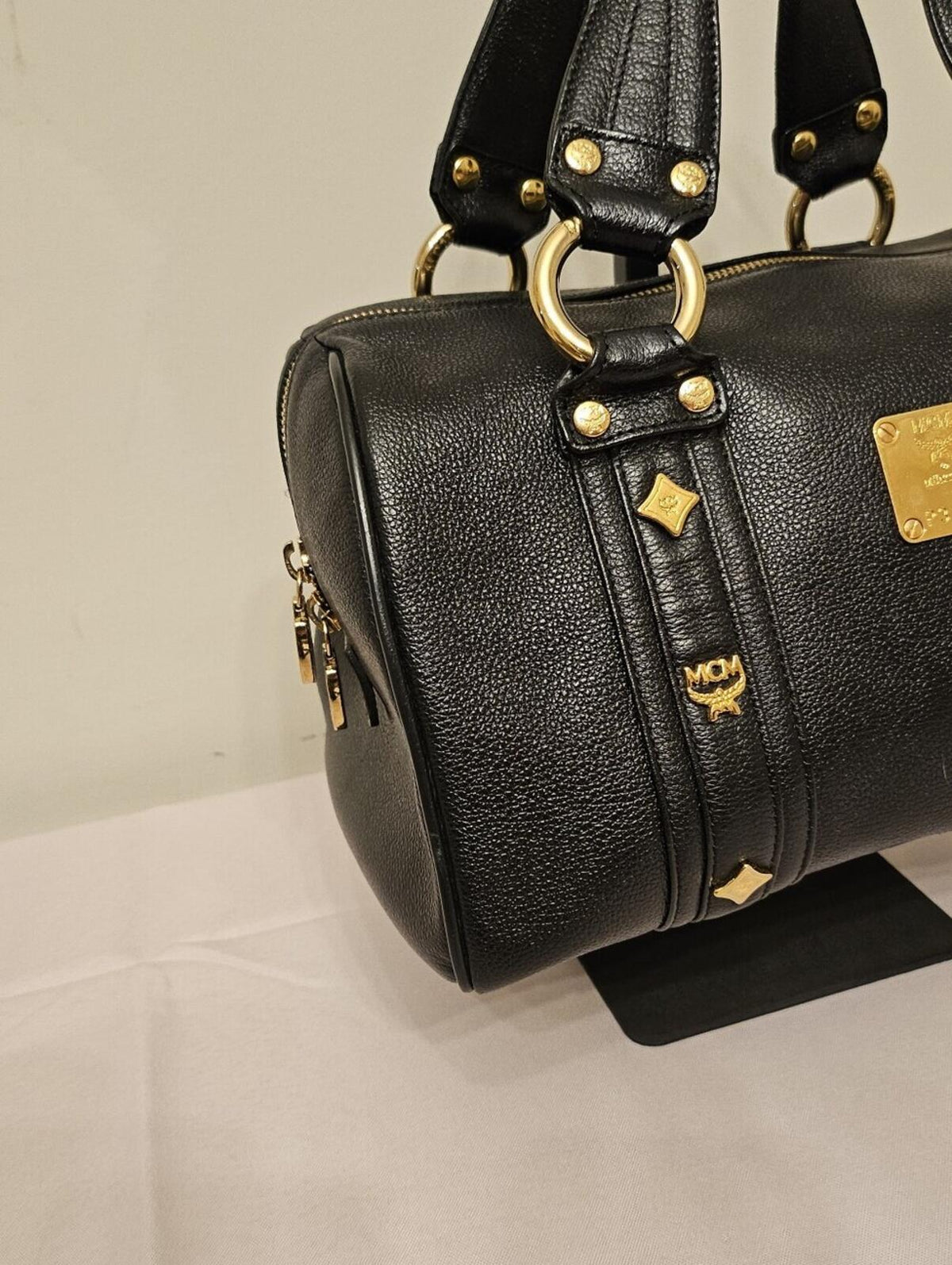 MCM Black Pebbled Leather Boston Bowler Satchel – Gold Hardware