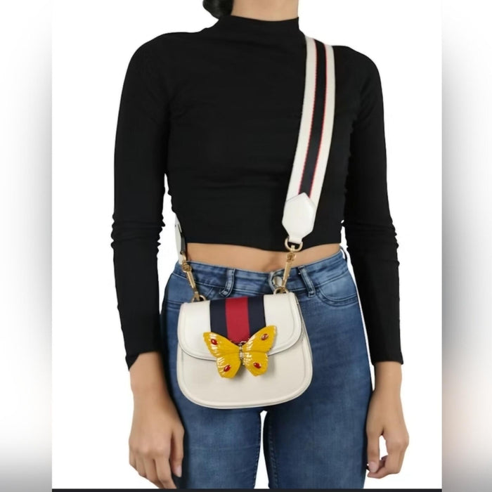 Gucci Butterfly Mini Shoulder Bag – Web Stripe, Cream Leather (Style 505383)