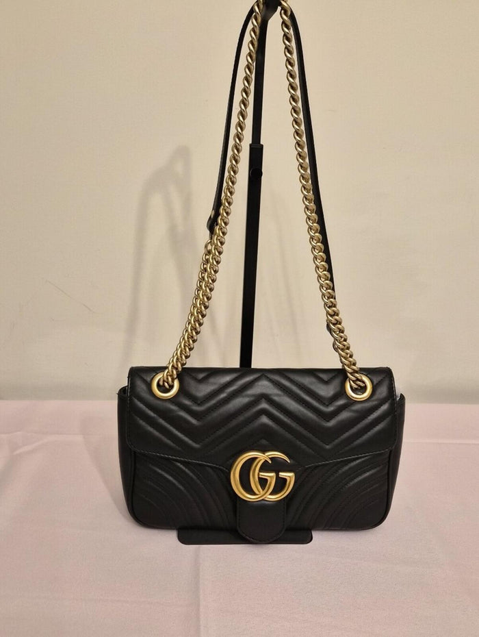 Gucci GG Marmont Medium Black Matelassé Leather Shoulder Bag Gold Hardware COA