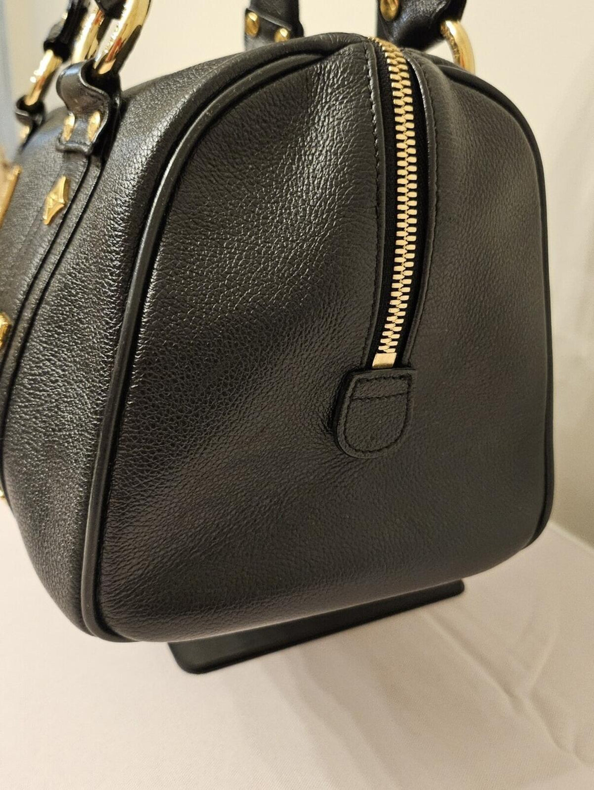 MCM Black Pebbled Leather Boston Bowler Satchel – Gold Hardware