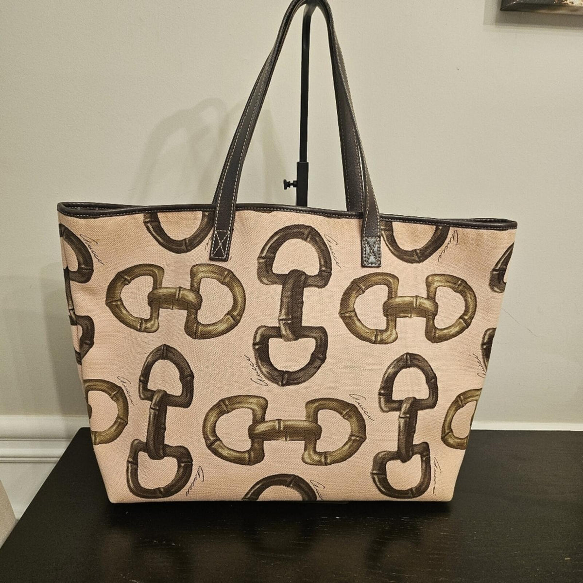 Gucci Horsebit Canvas Tote Large Brown Leather Trim