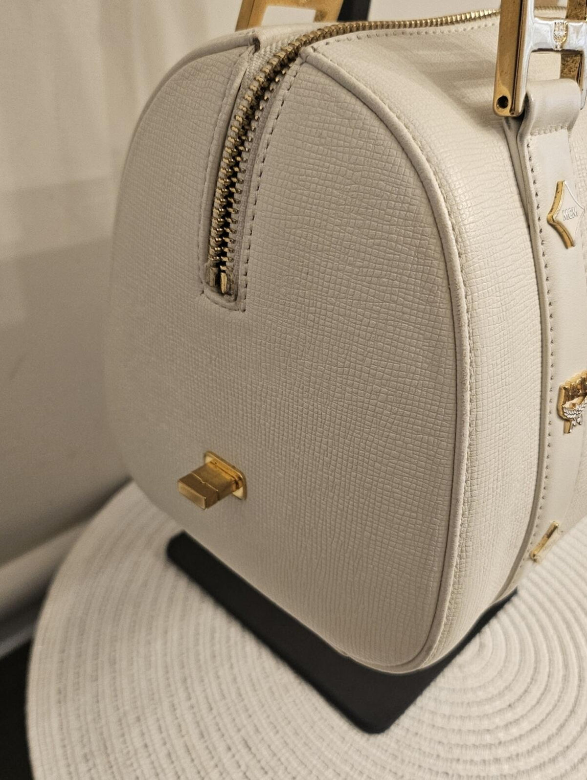 MCM White Leather Boston Satchel Bag Gold Hardware Crossbody Strap
