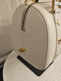 MCM White Leather Boston Satchel Bag Gold Hardware Crossbody Strap