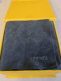 Fendi Gold Tone Black Leather FF Logo Hinged Bangle Bracelet w/ Box