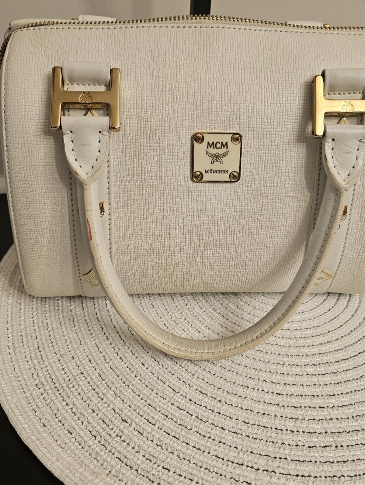 MCM White Leather Boston Satchel Bag Gold Hardware Crossbody Strap