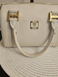 MCM White Leather Boston Satchel Bag Gold Hardware Crossbody Strap