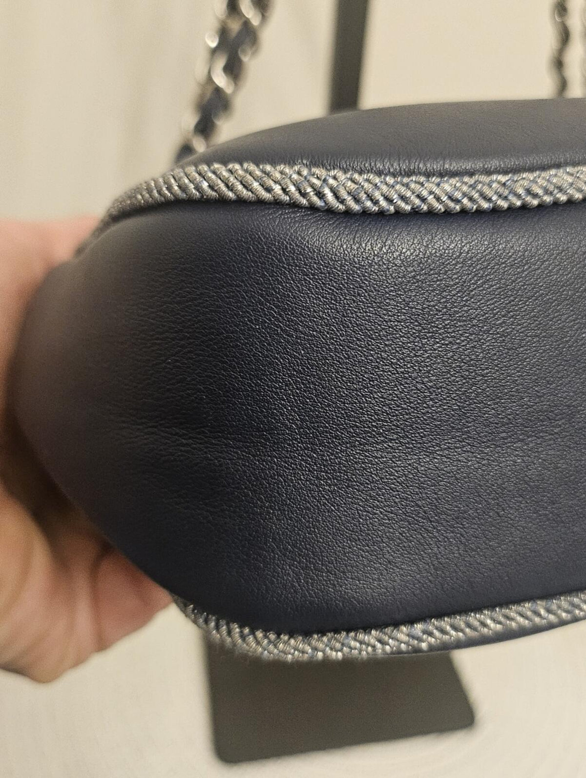 Chanel Navy Quilted Lambskin Flap Bag Silver Braided Trim Ruthenium Chain